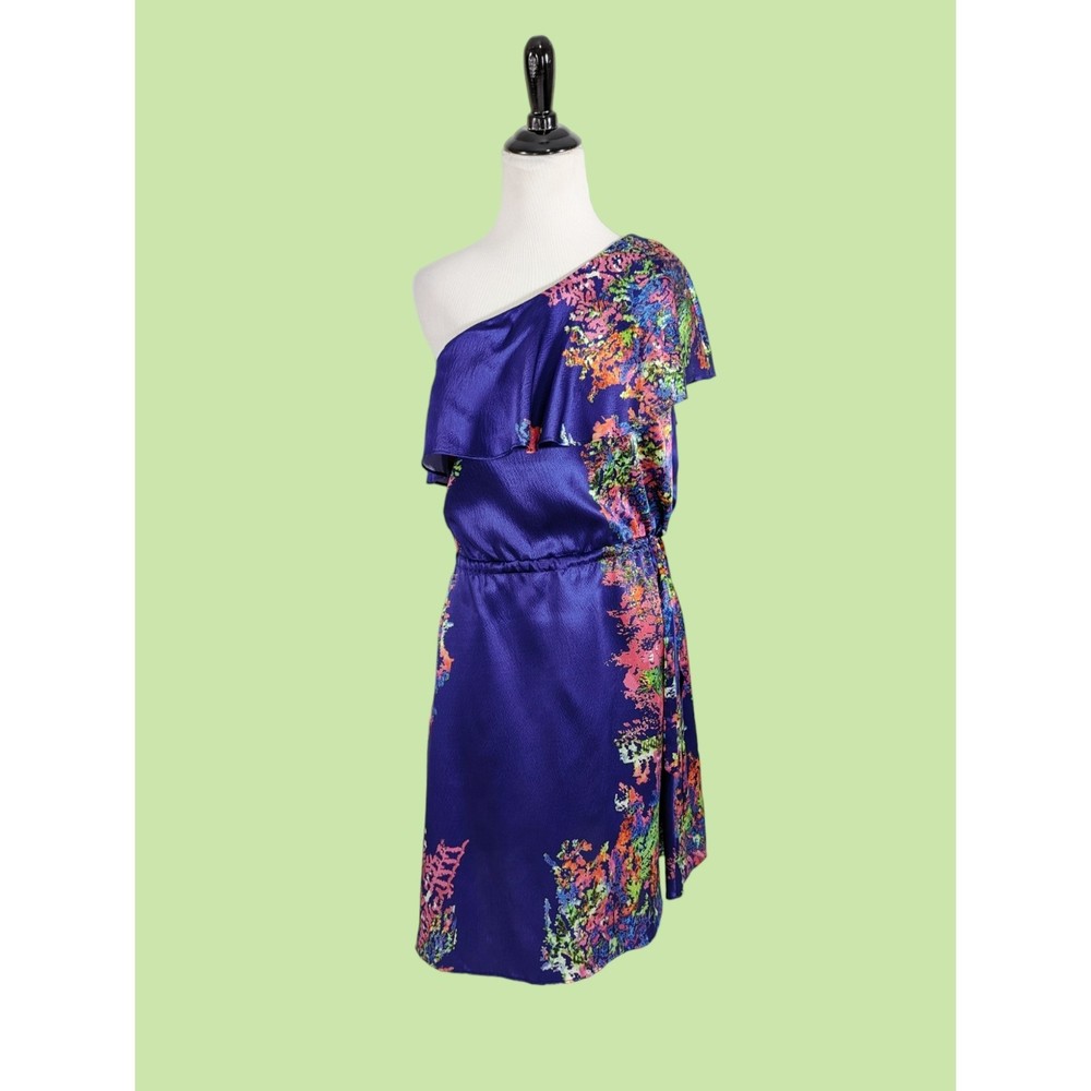 HALSTON Heritage Dress 4 purple One Sleeve RUFFLE SILK Floral